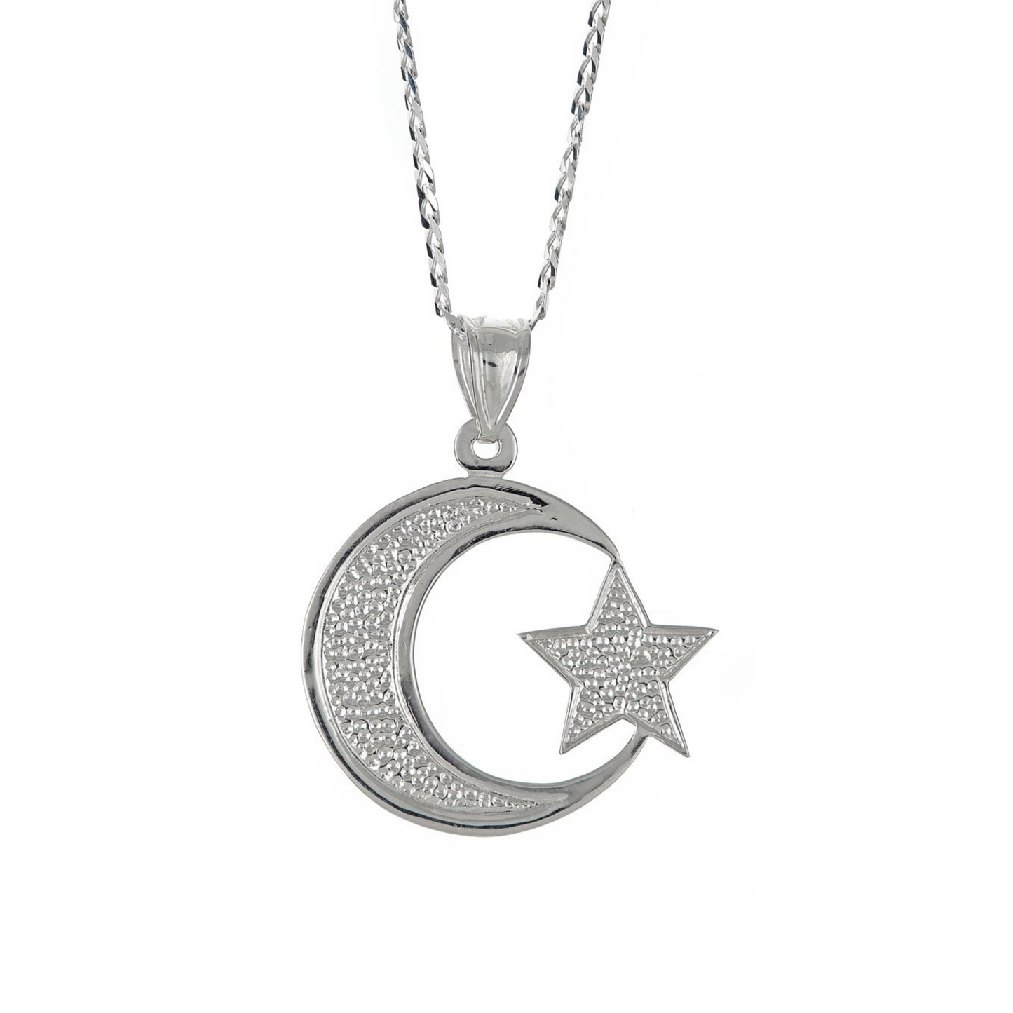 Better Jewelry Sterling Silver .925 Muslim / Islam Crescent Moon + Star Pendant w. Cuban Chain (Made in USA)