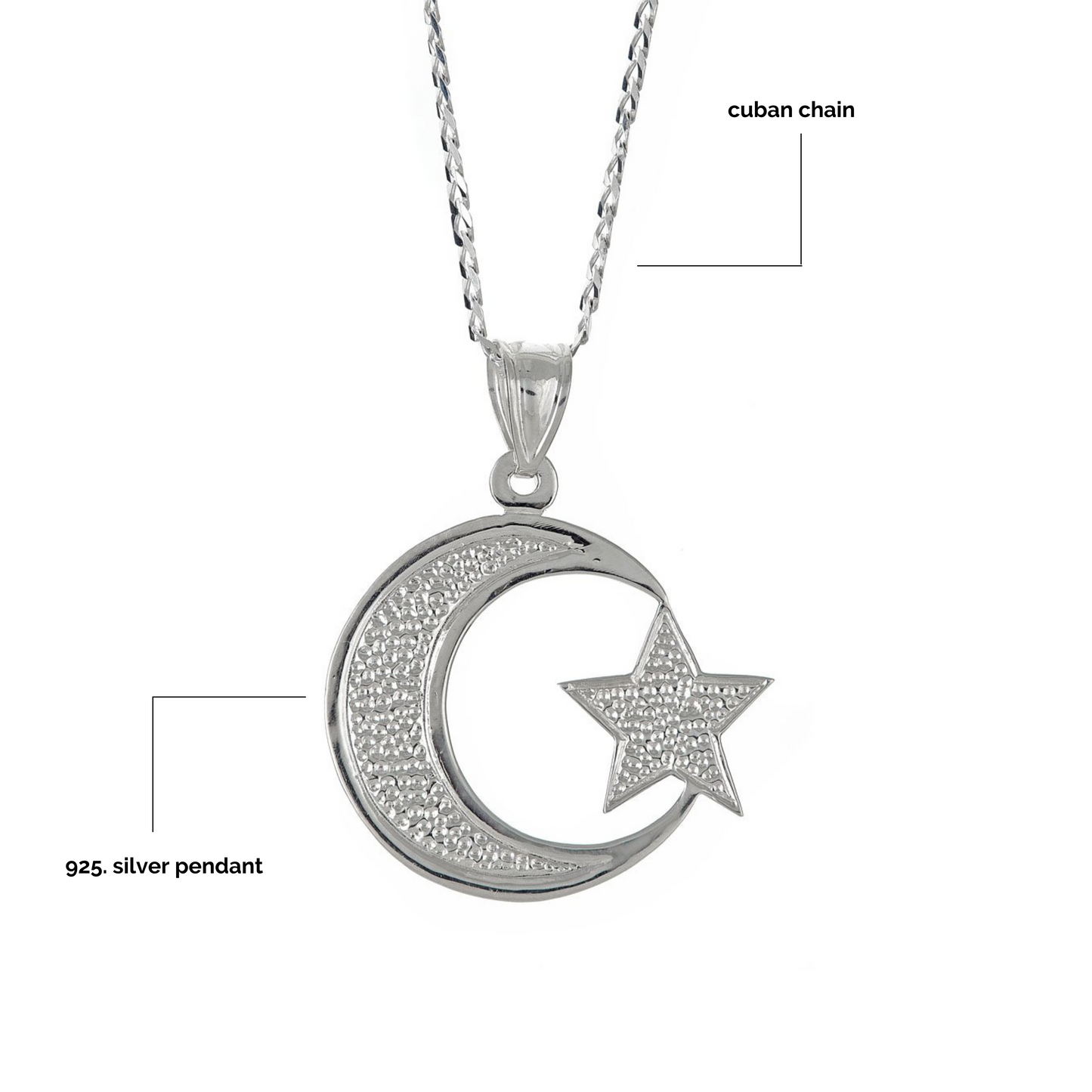 Better Jewelry Sterling Silver .925 Muslim / Islam Crescent Moon + Star Pendant w. Cuban Chain (Made in USA)