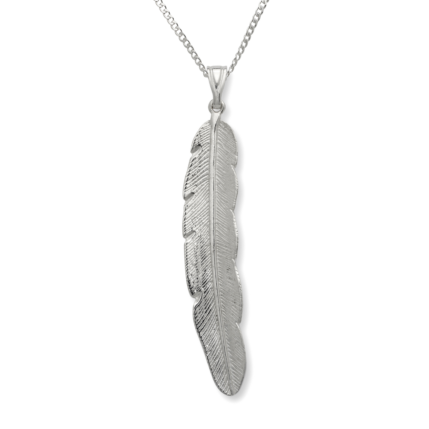 Large Feather .925 Sterling Silver Pendant Necklace