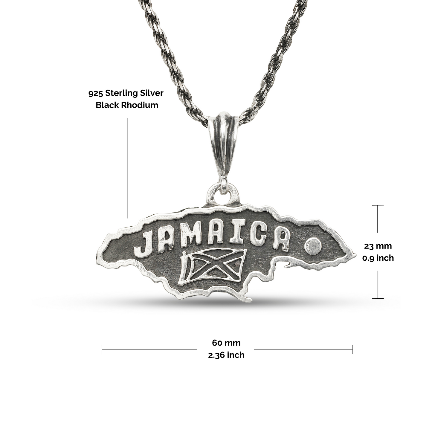 Better Jewelry .925 Sterling Silver Black Oxidised Jamaica Map Pendant Necklace w. Rope chain