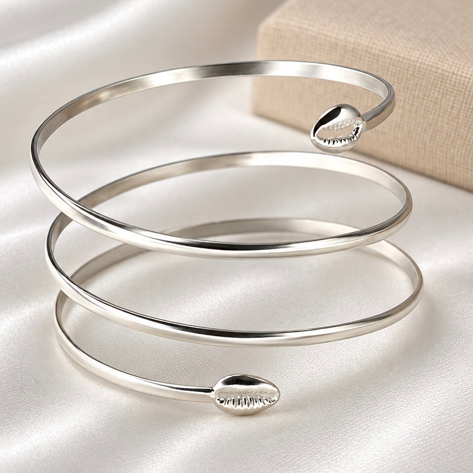 Sterling Silver Cowrie Shell Spiral Cuff Bracelet