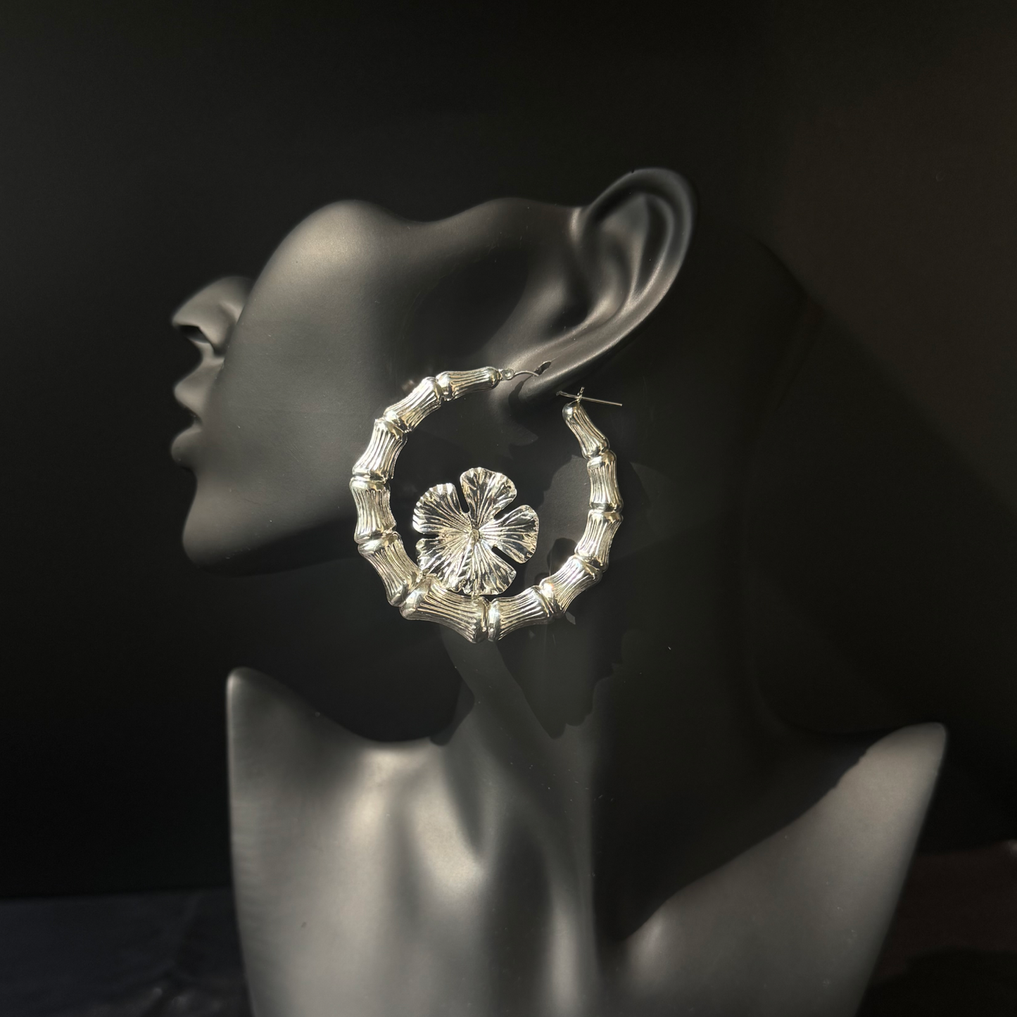 Hibiscus Flower 925 Sterling Silver Bamboo Hoops Earrings