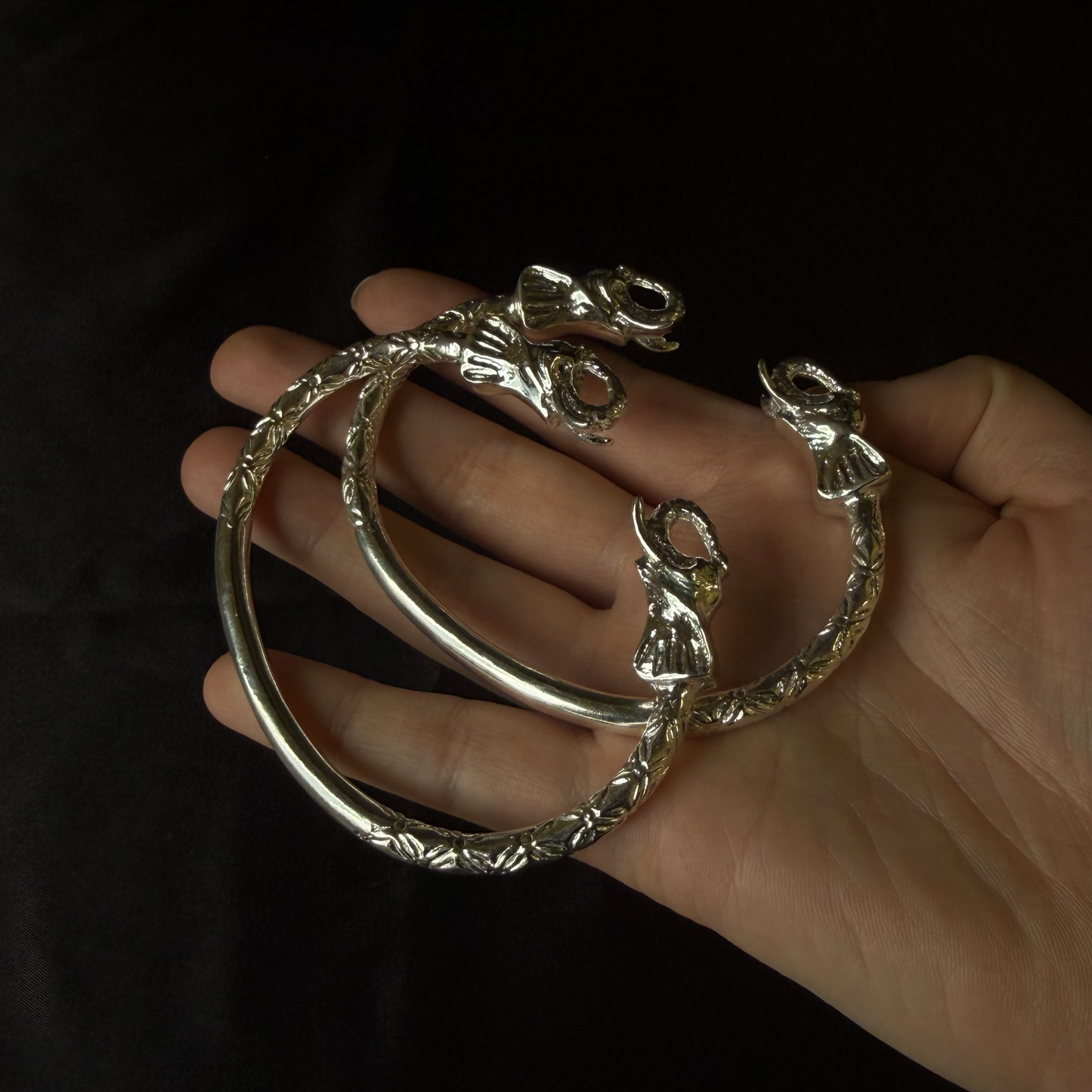 Thick Elephant .925 Sterling Silver West Indian Bangles, 1 pair