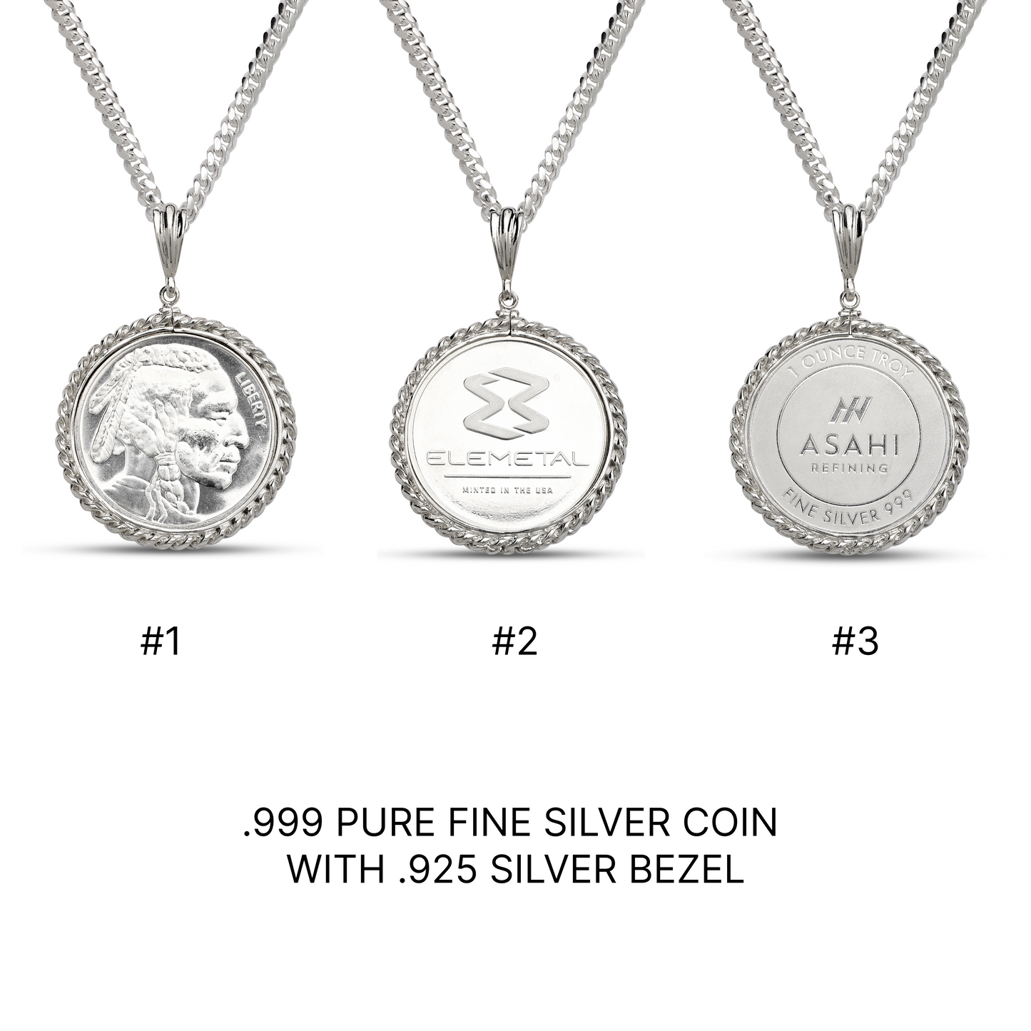 .999 Fine Pure Silver Coin with .925 Solid Sterling Silver Pendant Bezel on Silver Miami Cuban Chain or Without Chain