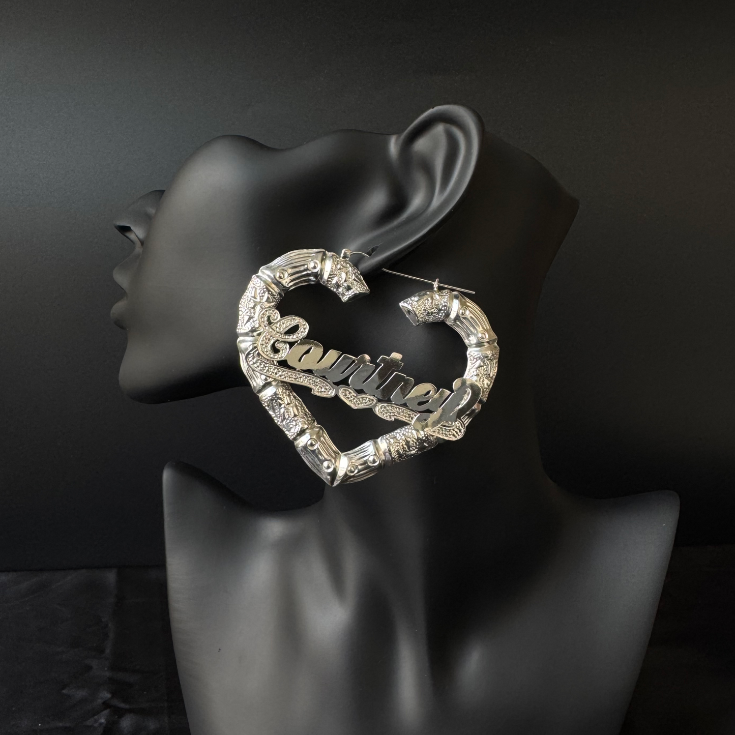 Better Jewelry Heart Bamboo Silver Hoops with Personalized Name