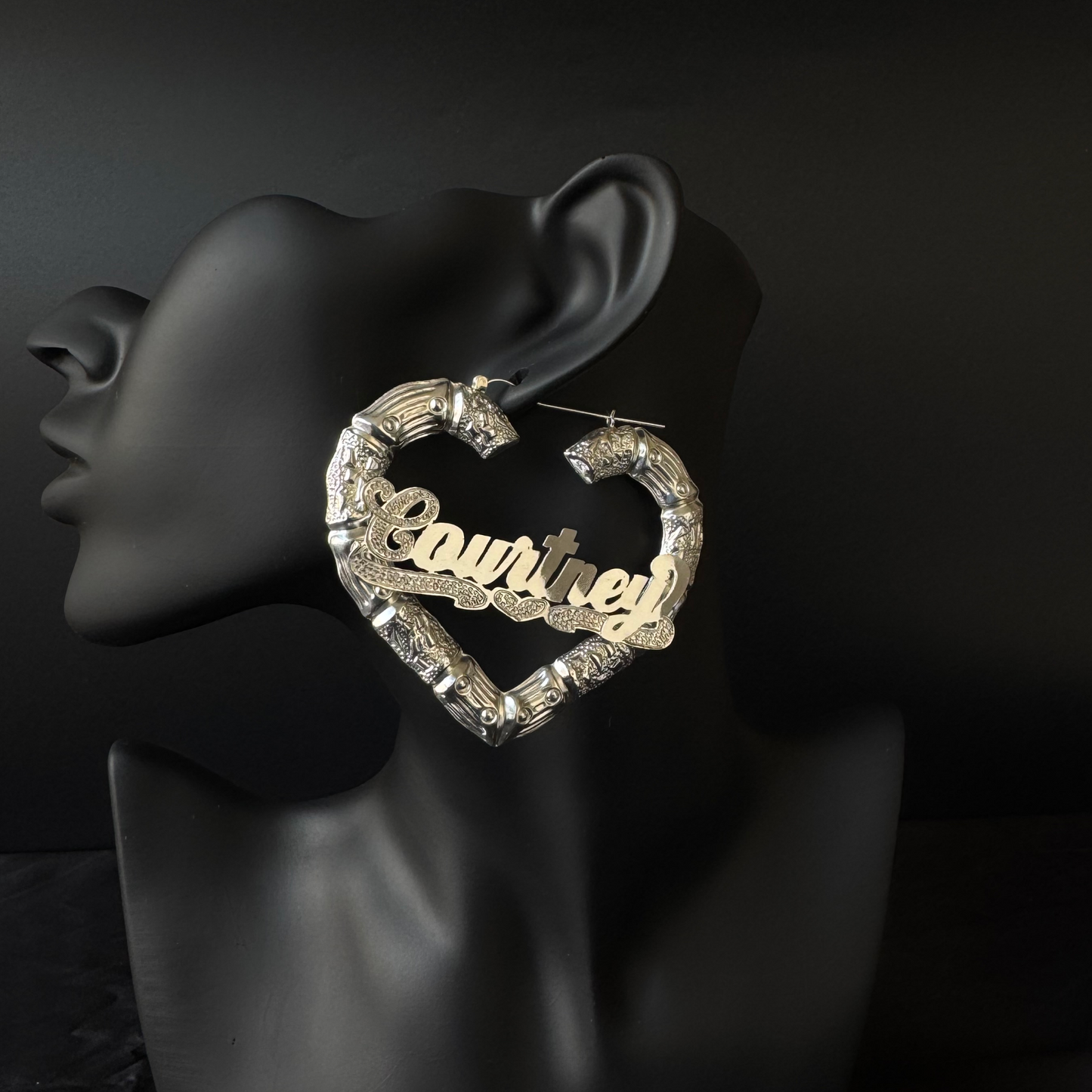 Better Jewelry Heart Bamboo Silver Hoops with Personalized Name