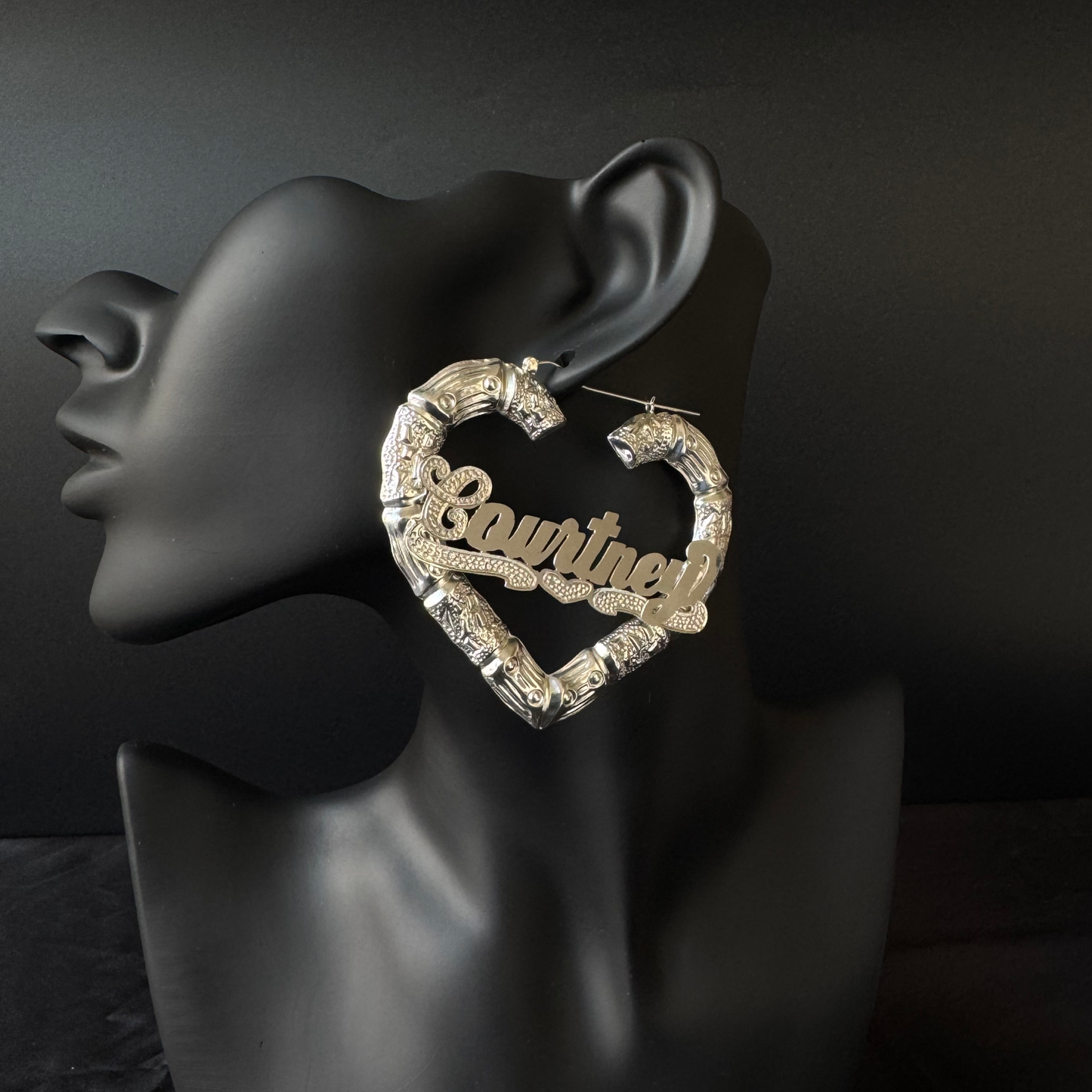 Better Jewelry Heart Bamboo Silver Hoops with Personalized Name