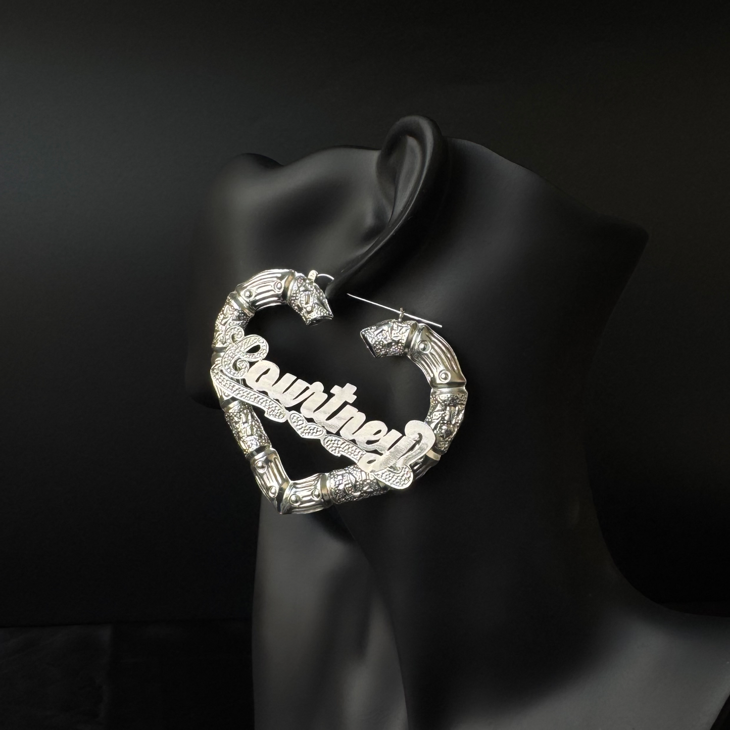 Better Jewelry Heart Bamboo Silver Hoops with Personalized Name
