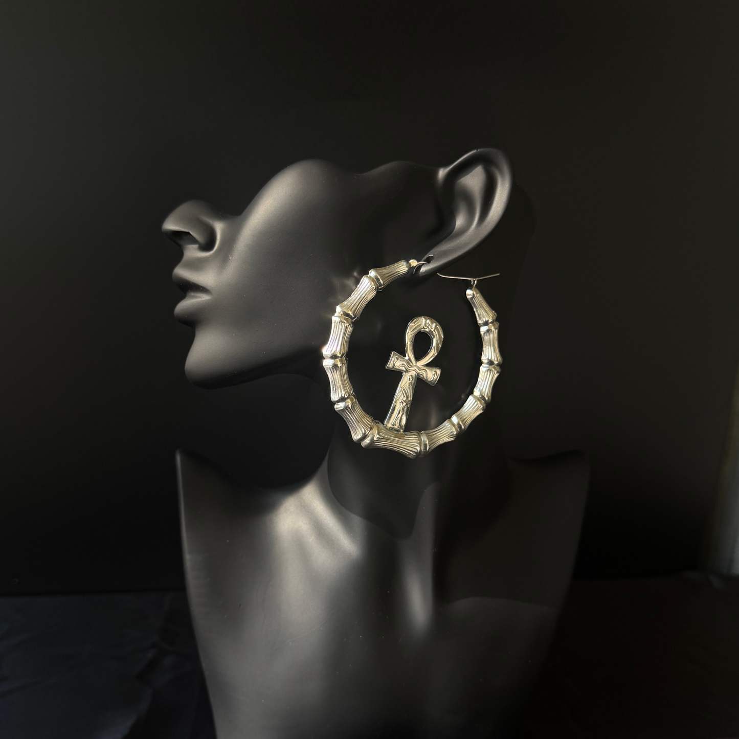 Ankh Cross Ends 925 Sterling Silver Bamboo Hoops, Earrings