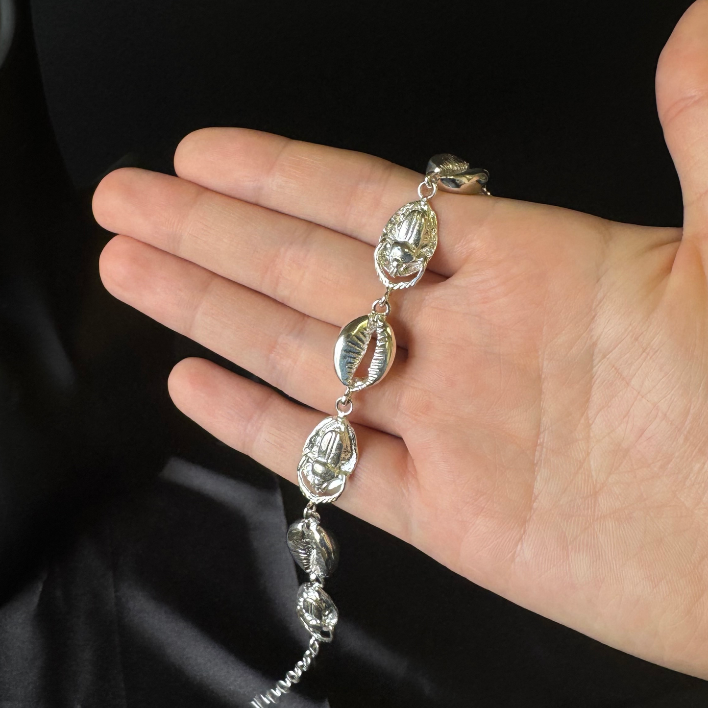 Better Jewelry Cowrie Shell Scarab .925 Sterling Silver Adjustable Link Bracelet