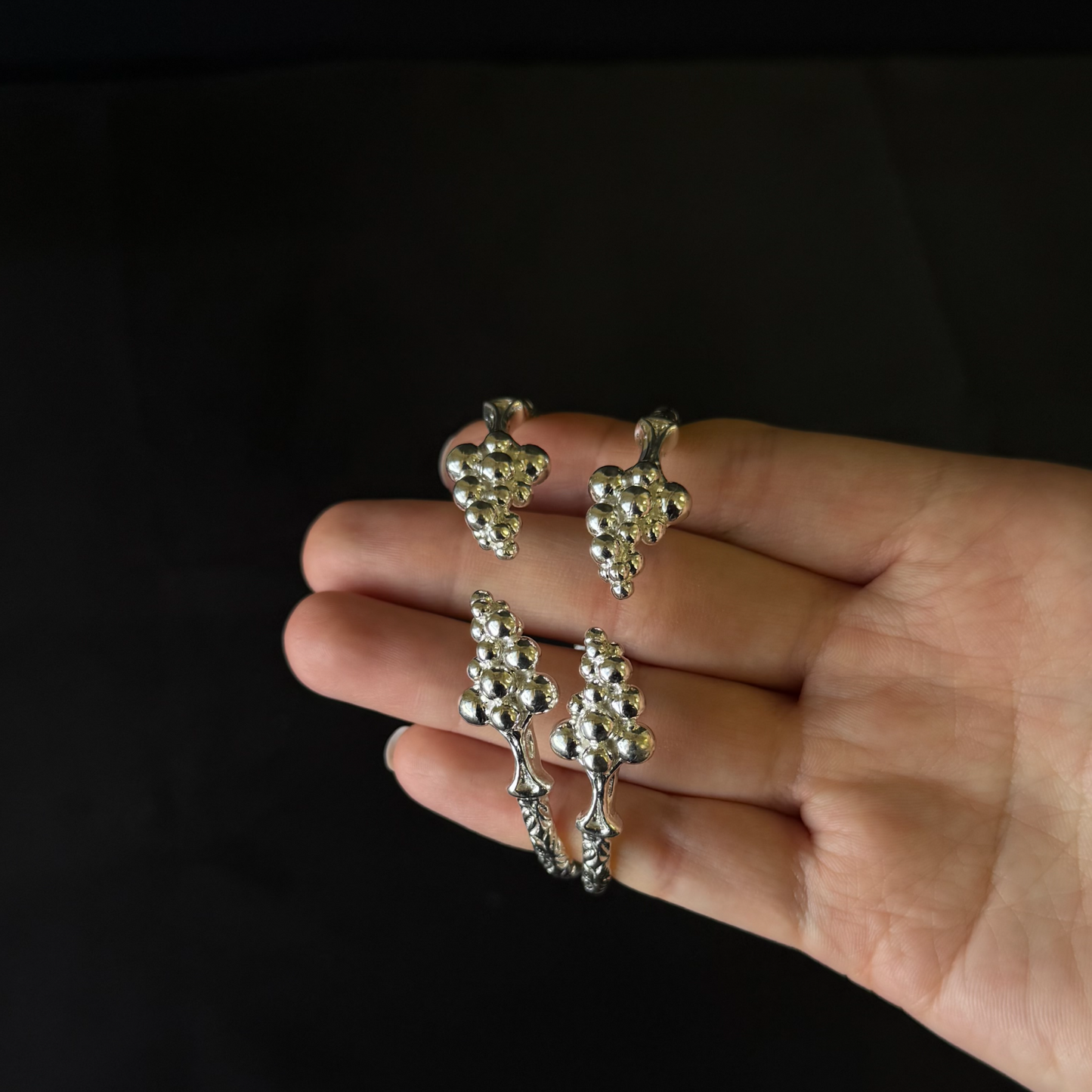 Large Grape Bunch Ends .925 Sterling Silver West Indian Bangles, 1 pair