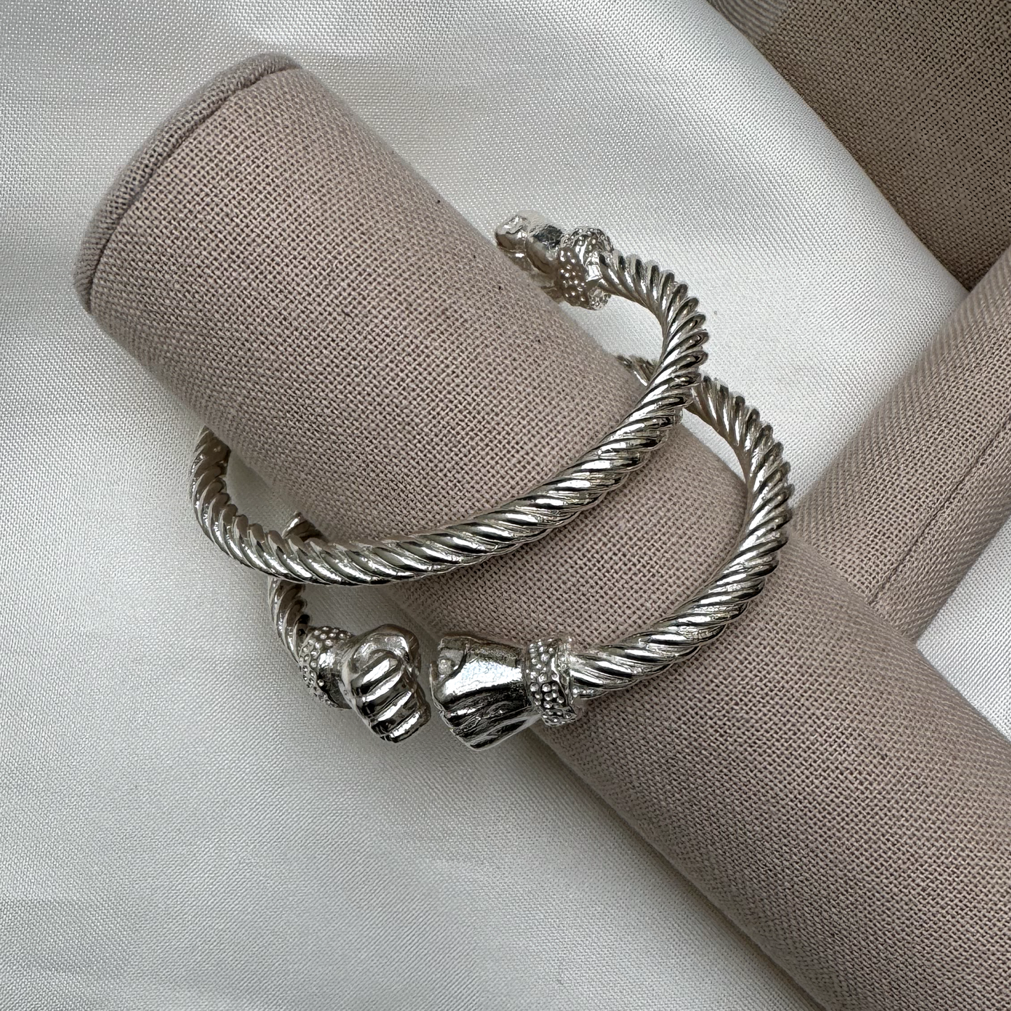 Large Fist Ends Coiled Rope Thick West Indian Bangles .925 Sterling Silver MADE IN USA, 1 pair