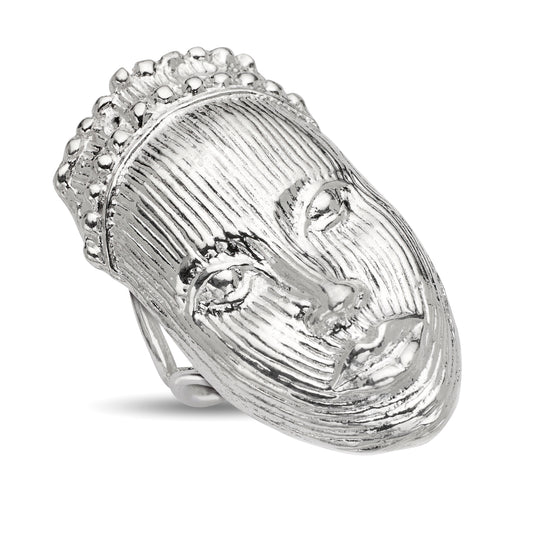 Handmade 925 sterling silver African carved mask ring with intricate tribal design, polished to a high shine