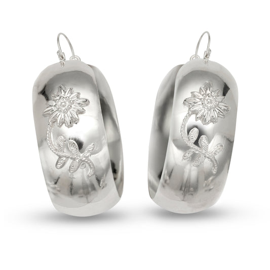 Daisy Flower Wide Solid .925 Sterling Silver Huggie Earrings