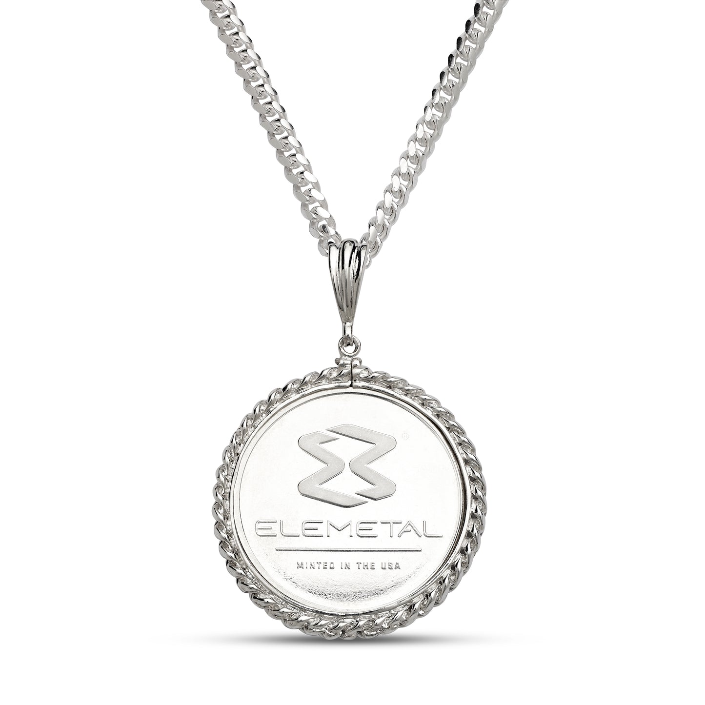 .999 Fine Pure Silver Coin with .925 Solid Sterling Silver Pendant Bezel on Silver Miami Cuban Chain or Without Chain