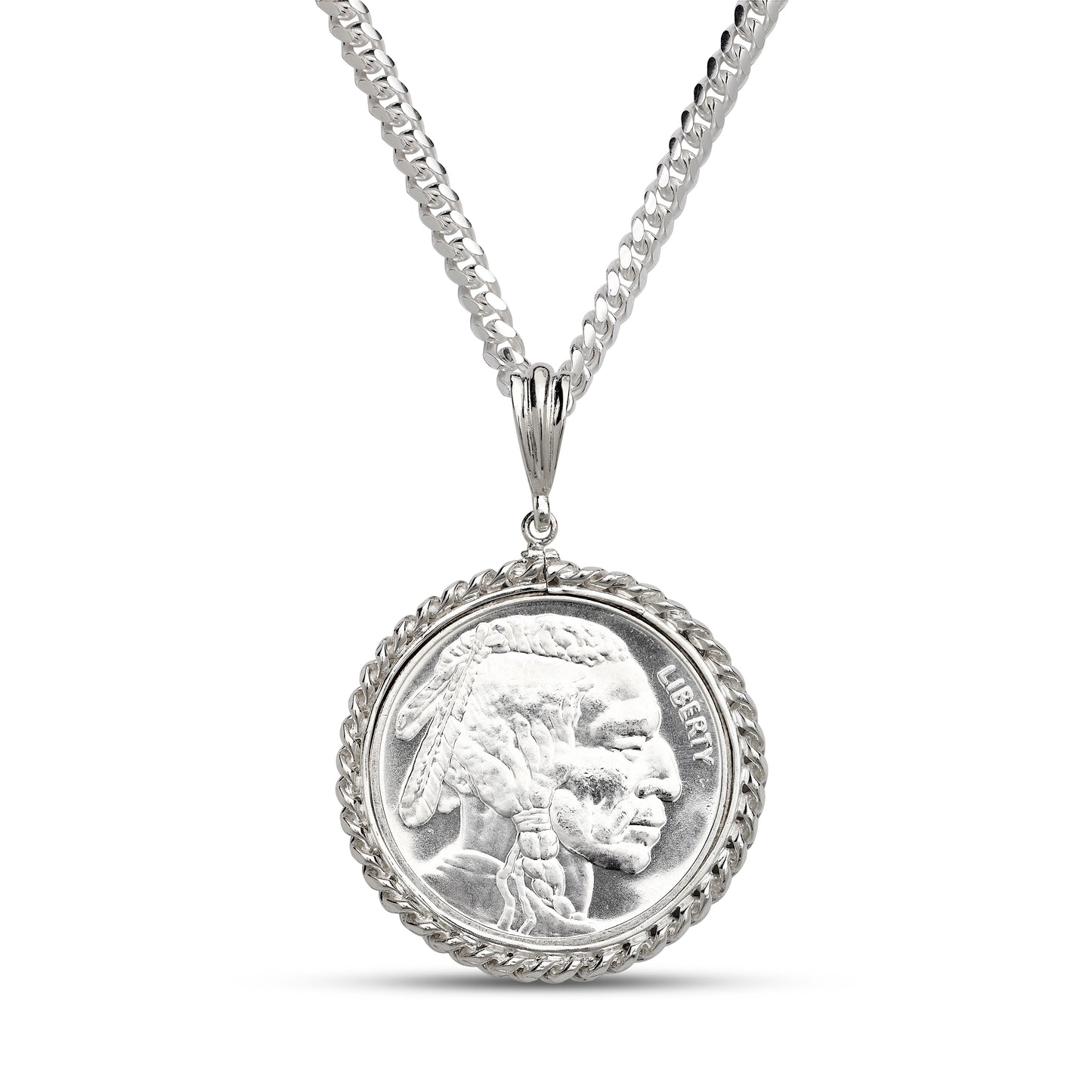 .999 Fine Pure Silver Coin with .925 Solid Sterling Silver Pendant Bezel on Silver Miami Cuban Chain or Without Chain