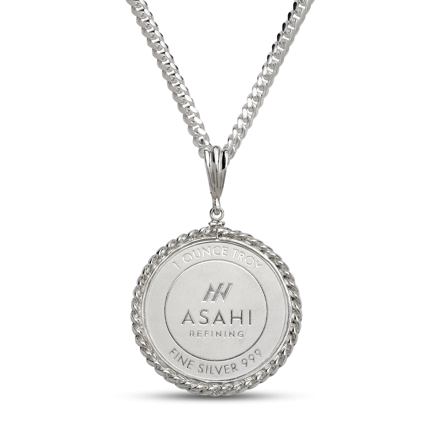 .999 Fine Pure Silver Coin with .925 Solid Sterling Silver Pendant Bezel on Silver Miami Cuban Chain or Without Chain
