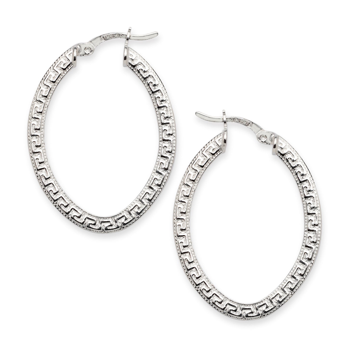 High Polish Greek Key Oval Hoop Earrings .925 Sterling Silver