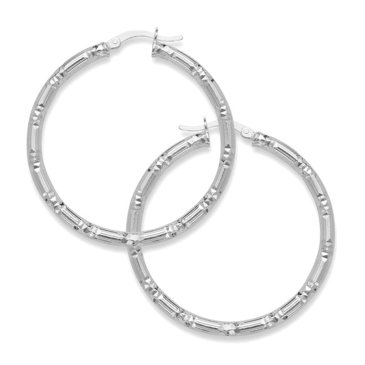 High Polish Diamond Cut Circle Etched .925 Sterling Silver Hoops Earrings
