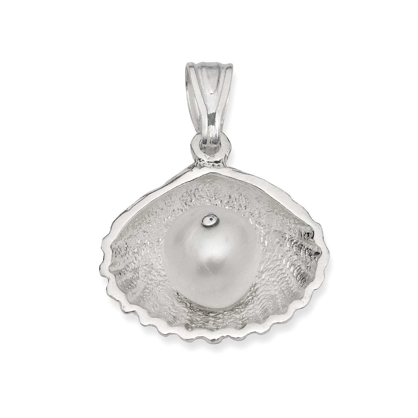 Scallop Shell .925 Sterling Silver w. Pearl Pendant Necklace