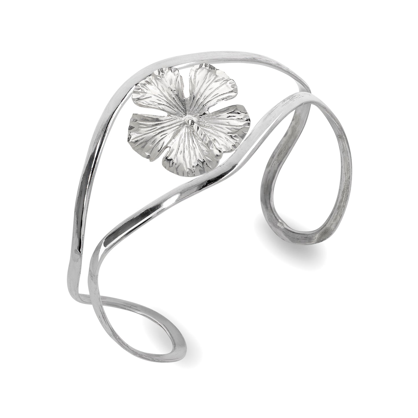 Flower Hibiscus 925 Sterling Silver Cuff Bracelet, Adjustable Bangle