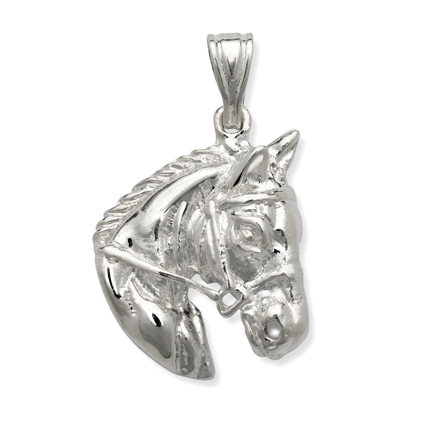 Silver horse head pendant on a white background