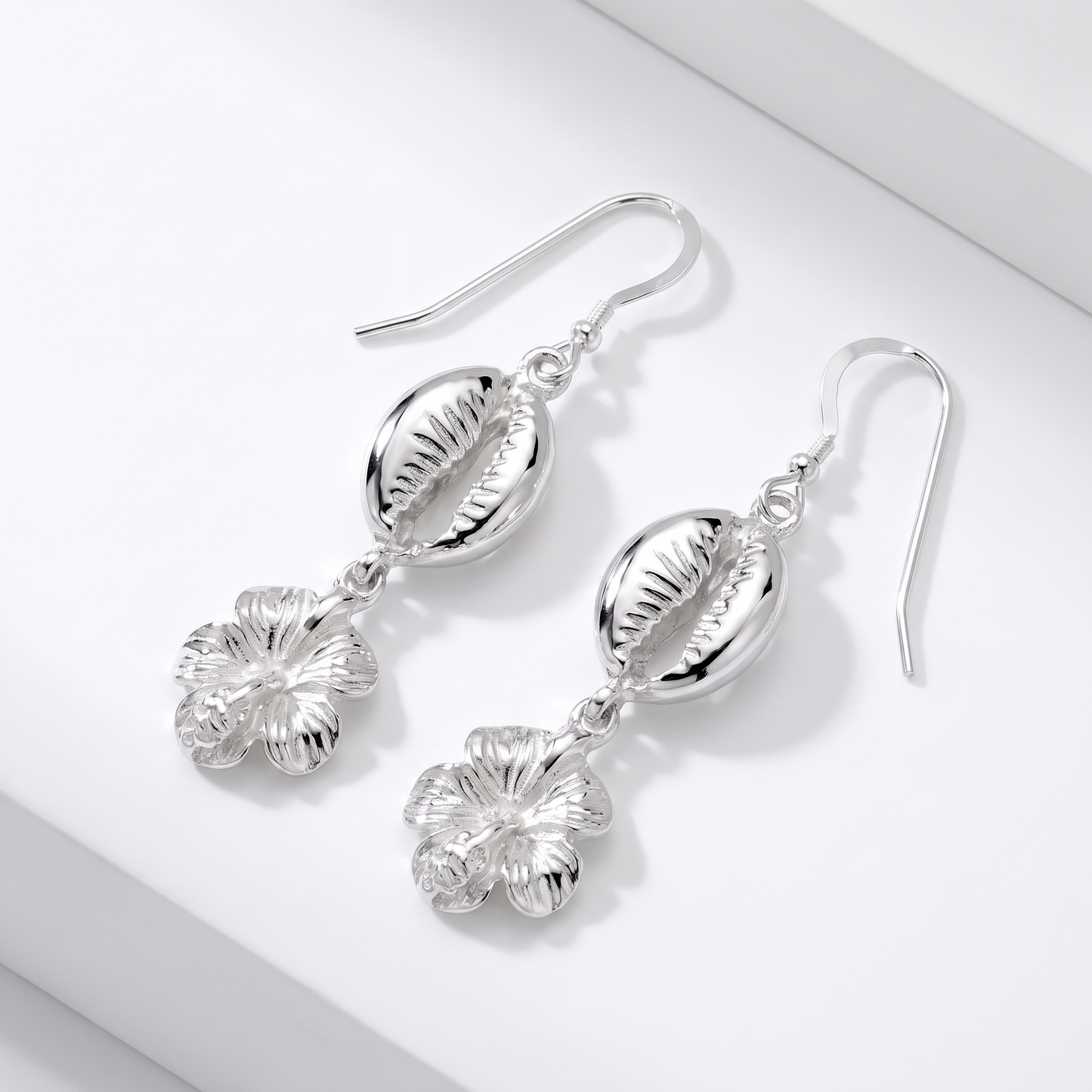Hibiscus .925 Sterling Silver Earrings with Cowrie Shells