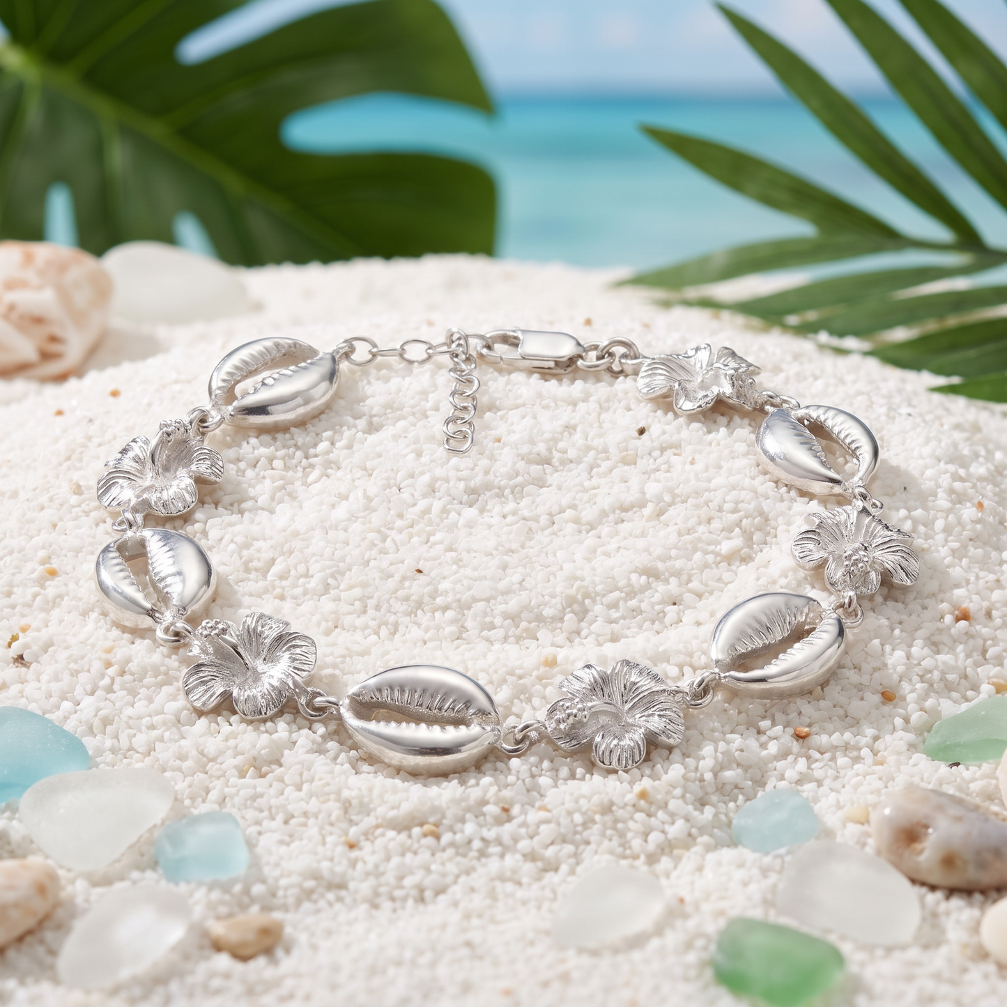Hibiscus Flower and Cowrie Shell .925 Sterling Silver Adjustable Link Bracelet