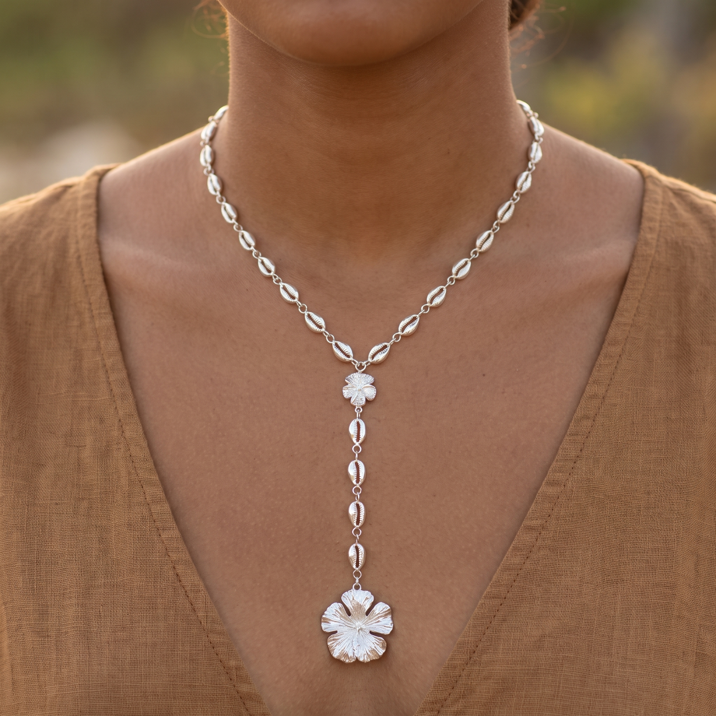 Cowrie Shell & Hibiscus .925 Sterling Silver Necklace Y-Shaped