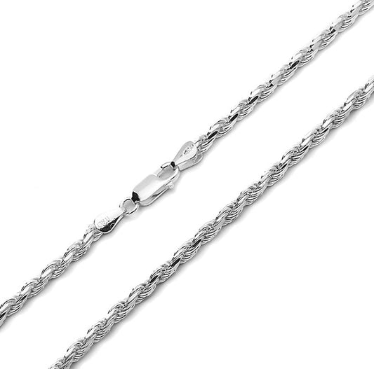Better Jewelry 2.3mm Rope Diamond cut Chain Necklace .925 Sterling Silver w. Rhodium plate