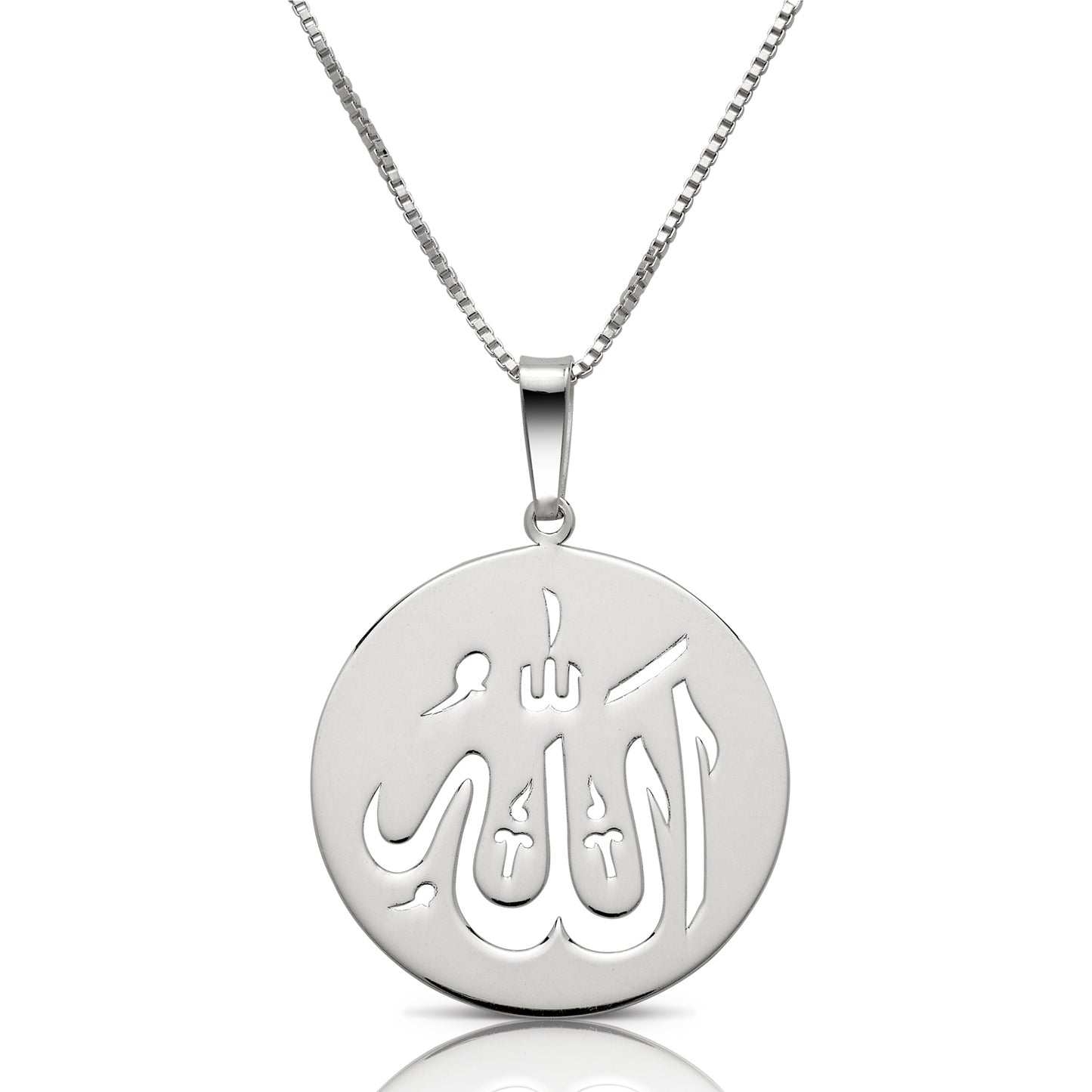 Allah round plate pendant w. box chain .925 sterling silver - Betterjewelry