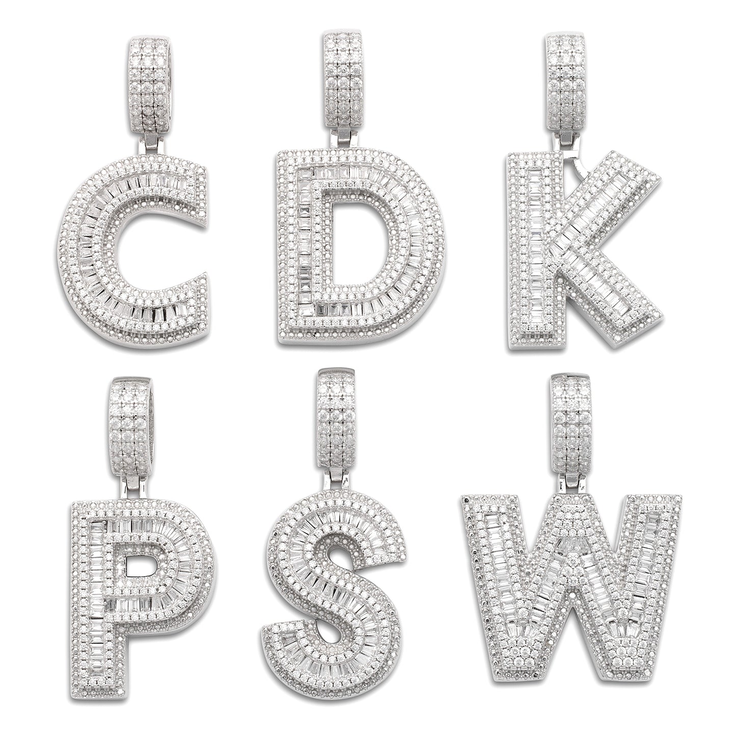 Better Jewelry Block Letter Pendant in .925 Sterling Silver w. CZ Baguette Stones