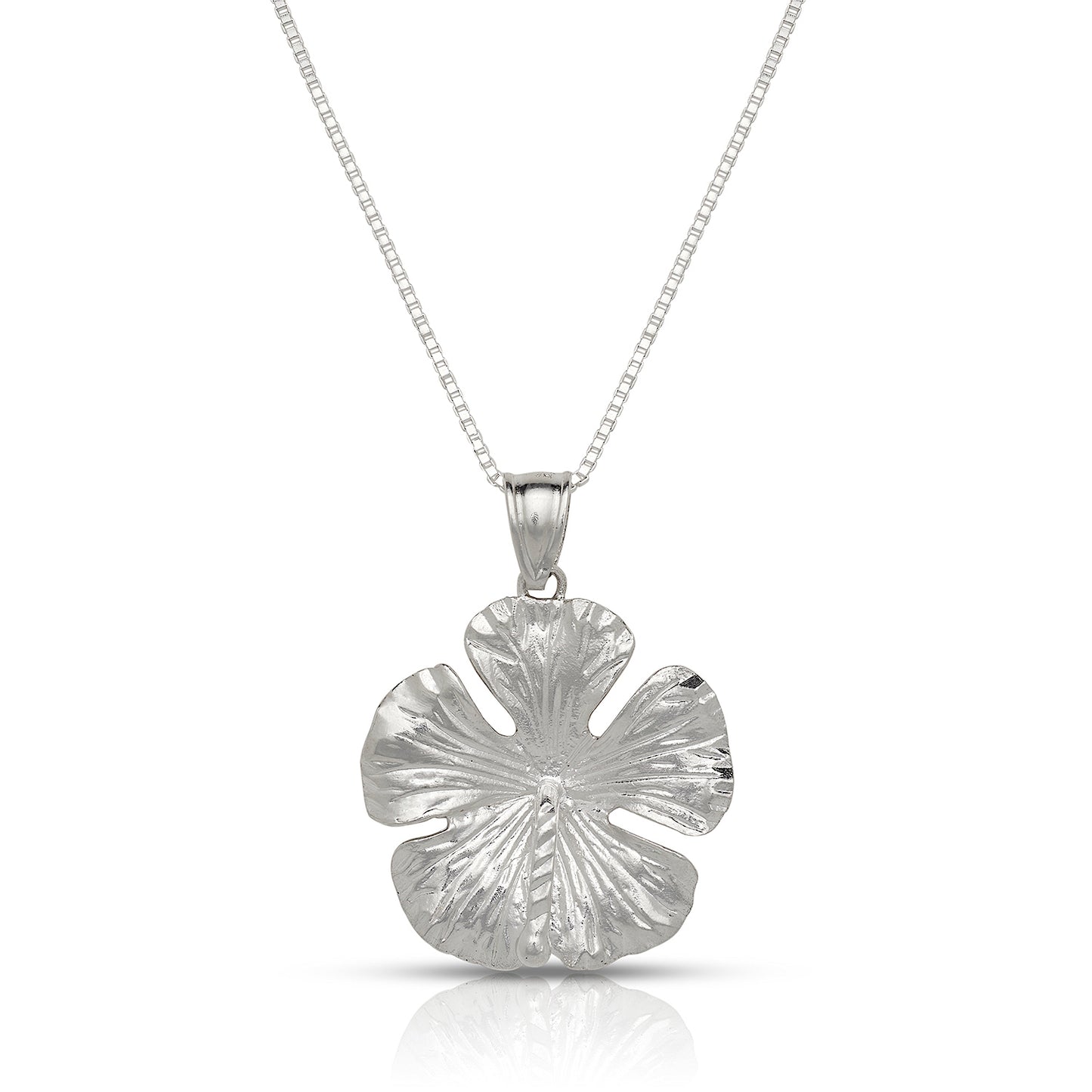 Large Hibiscus Flower .925 Sterling Silver Necklace w. Box Chain