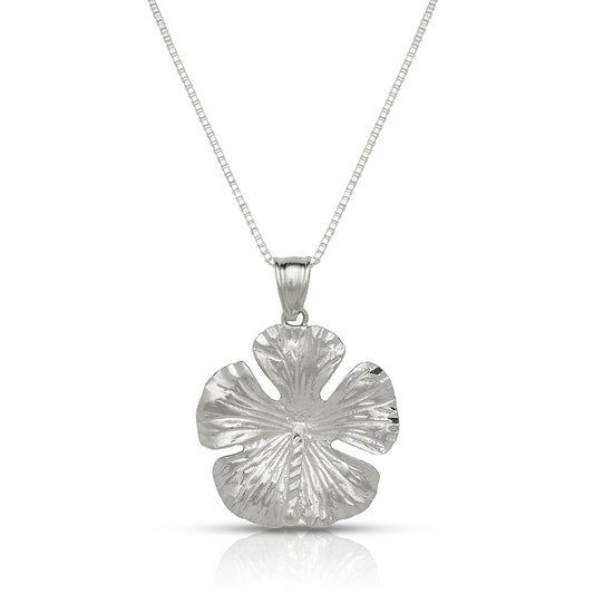 Large Hibiscus Flower .925 Sterling Silver Necklace w. Box Chain