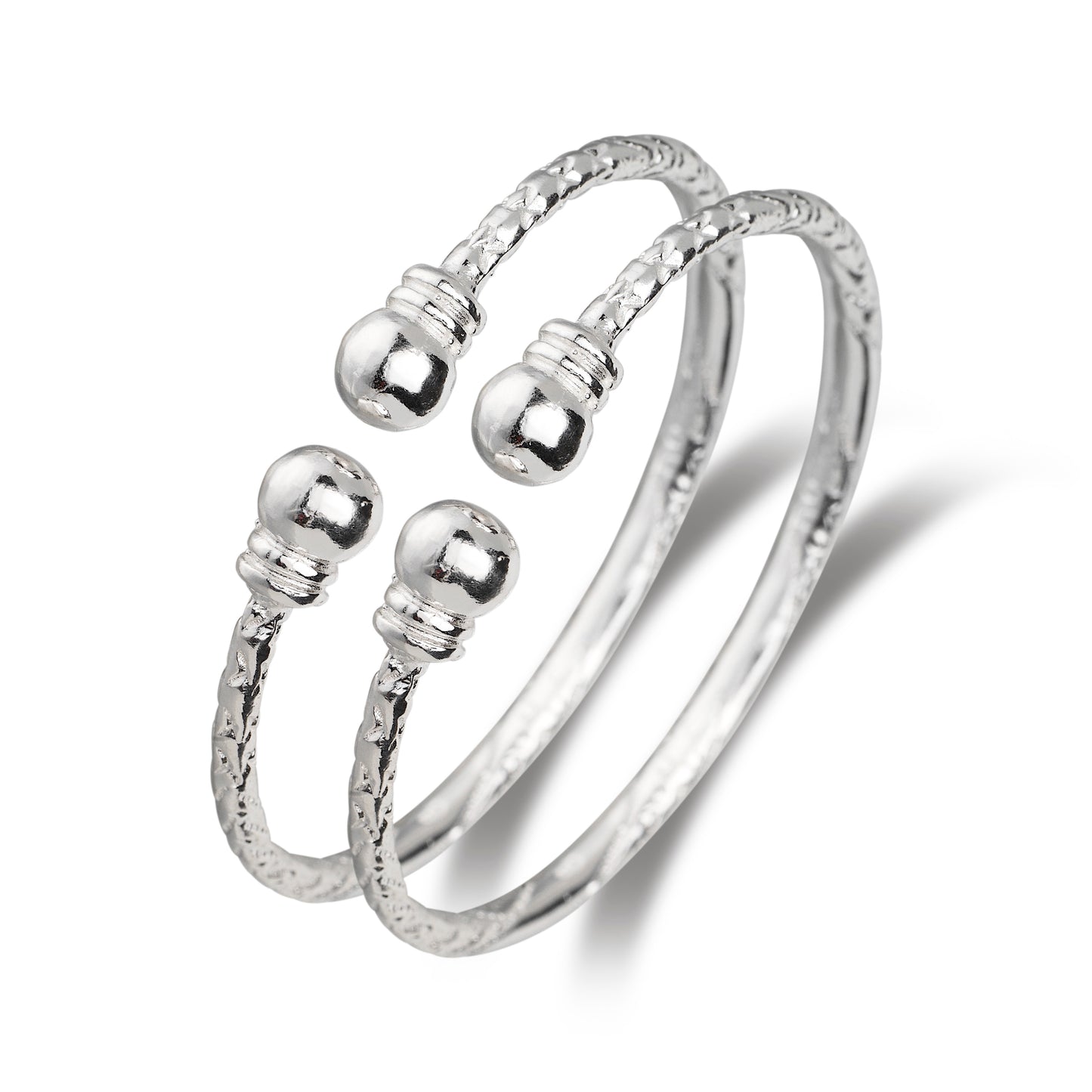 Better Jewelry Ball w. Double Halo Ends .925 Sterling Silver West Indian Baby Bangles, 1 pair
