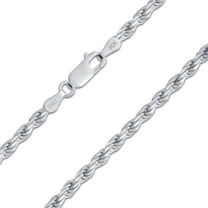 Better Jewelry 3.8mm Rope Diamond cut Chain Necklace .925 Sterling Silver w. Rhodium plate