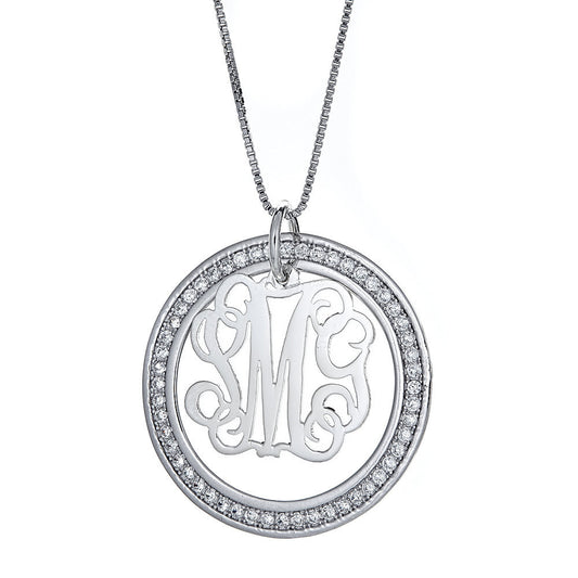 CZ Halo Script  .925 Sterling Silver Three Letter Monogram Pendant with Chain (6 grams) - Betterjewelry