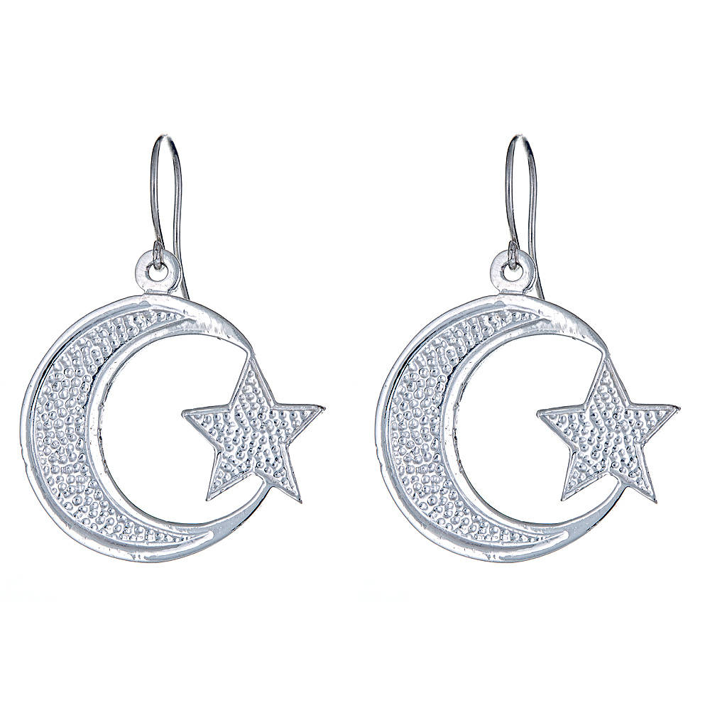 Solid .925 Sterling Silver Small Islamic Crescent Moon & Star Earrings (Made in USA) - Betterjewelry
