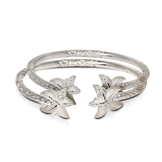 A pair of 925 Sterling Silver West Indian Bangles with starfish ends, 4.5mm thick, 62 grams, displayed in sizes 7.5, 8, 9, and 9.5 inches.