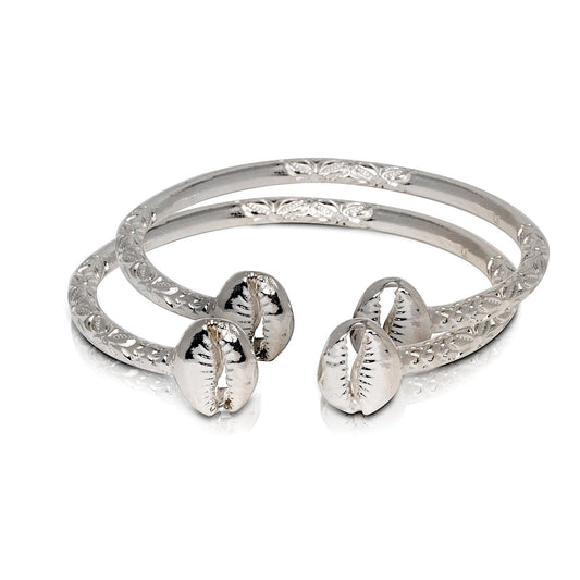 Pair of 925 Sterling Silver Cowrie Shell Bangles, West Indian style, made in the USA
