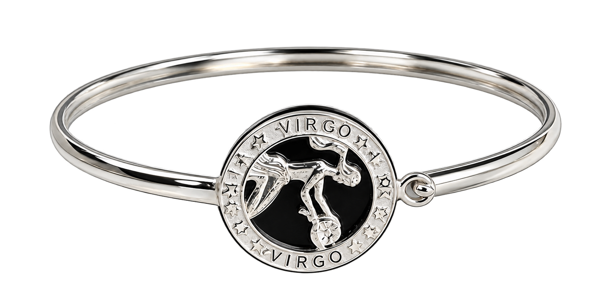 12 Zodiac Signs Bracelet Bangle – 925 Sterling Silver Black Onyx-Style Astrology
