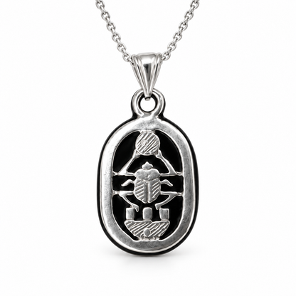 Sterling Silver Egyptian Scarab Pendant with Black Inlay