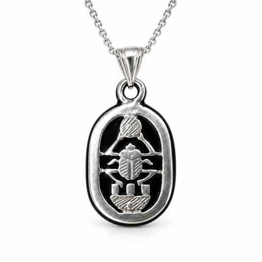 Sterling Silver Egyptian Scarab Pendant with Black Inlay