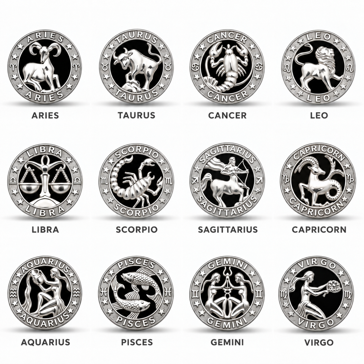 12 Zodiac Signs Bracelet Bangle – 925 Sterling Silver Black Onyx-Style Astrology