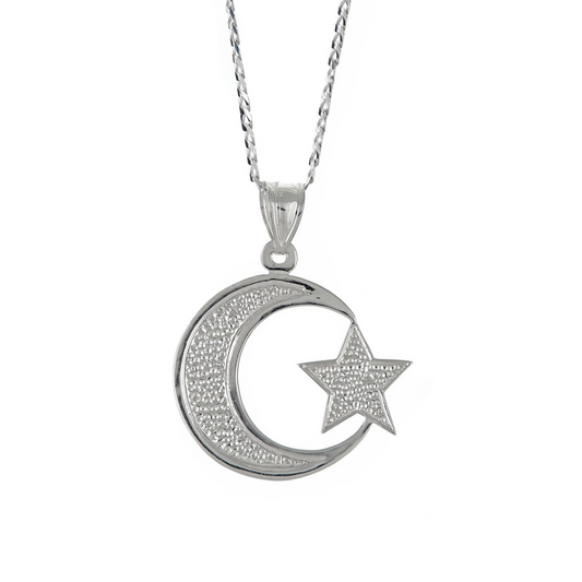 Better Jewelry Sterling Silver .925  Muslim / Islam Crescent Moon + Star Pendant w. Cuban Chain (Made in USA)