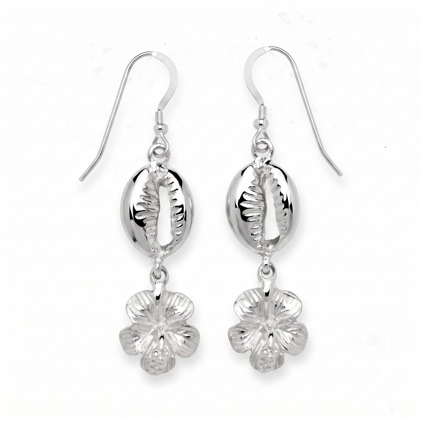 Hibiscus .925 Sterling Silver Earrings with Cowrie Shells
