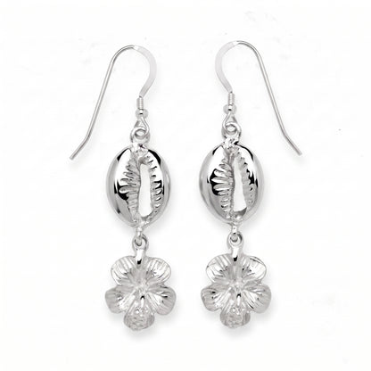 Hibiscus .925 Sterling Silver Earrings with Cowrie Shells