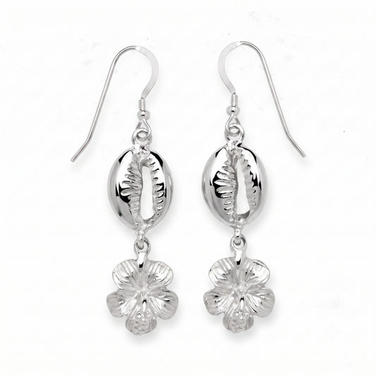 Hibiscus .925 Sterling Silver Earrings with Cowrie Shells
