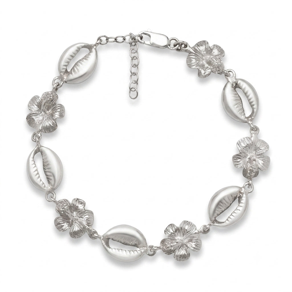 Hibiscus Flower and Cowrie Shell .925 Sterling Silver Adjustable Link Bracelet