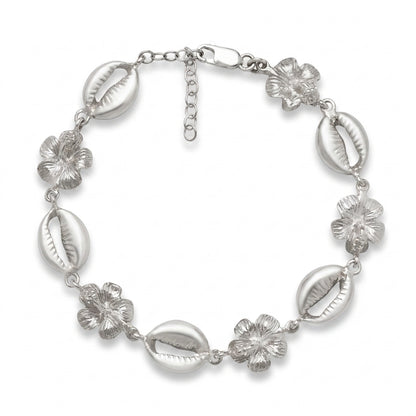 Hibiscus Flower and Cowrie Shell .925 Sterling Silver Adjustable Link Bracelet